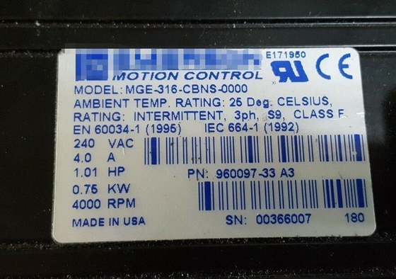 MGE-316-CBNS-0000 EMERSON MG 서보 모터 230 VAC 3 프레임 24 VDC 브레이크
